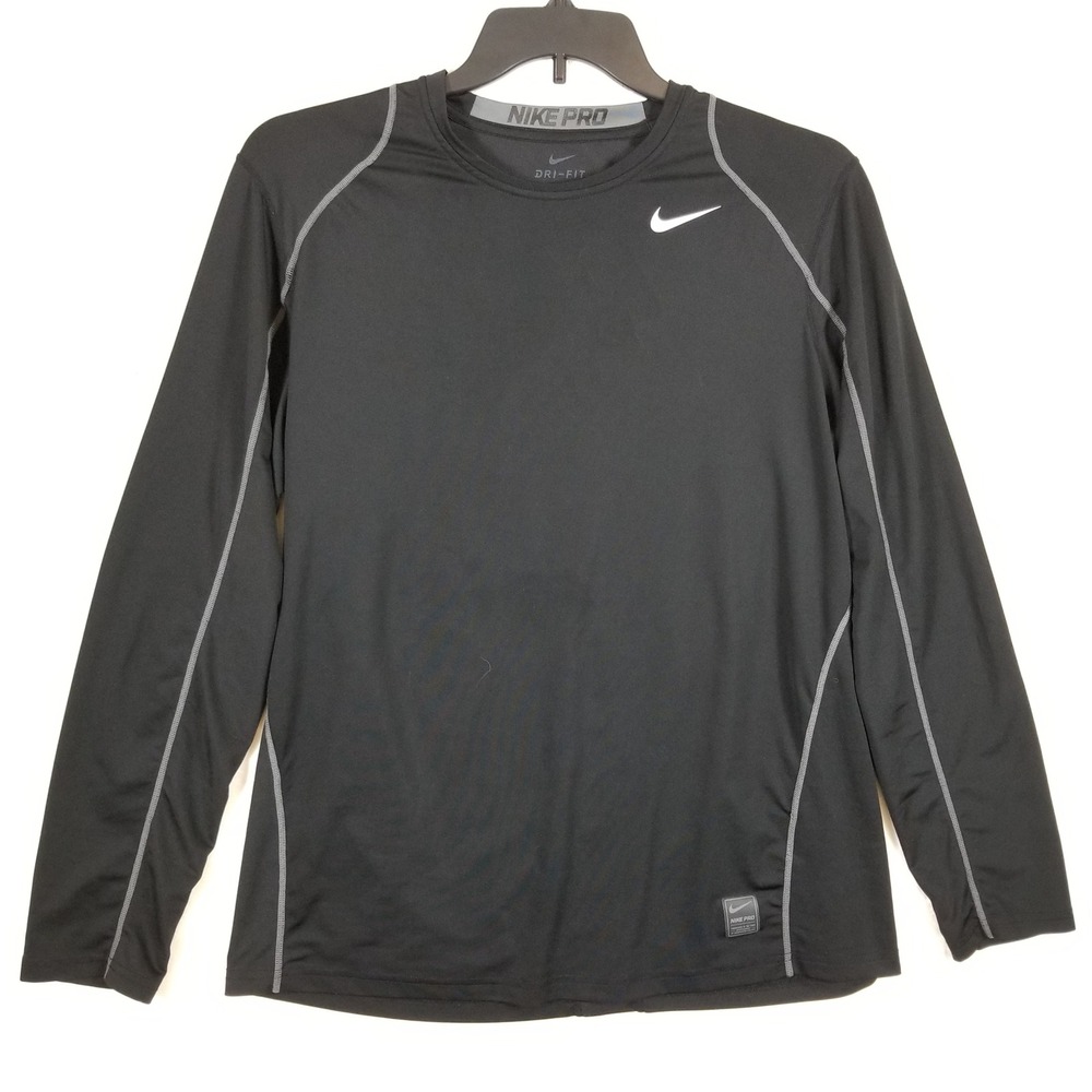 Nike Pro Dri-FIT Men Black Fitted Long Sleeve Training Shirt Large L Grey Stitch